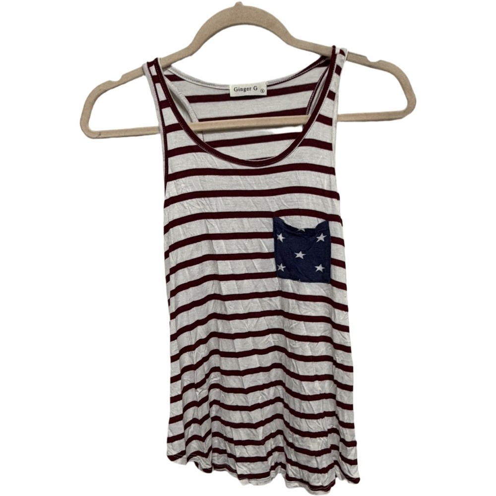 Ginger G Women's Small Patriotic American Flag Pocket Striped Racerback Tank Top
